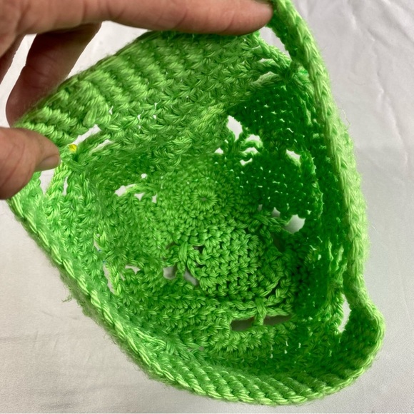 Handmade Kid’s Lime Green Crocheted Beaded Butterfly Eyelet Stitch Beanie - Picture 4 of 5